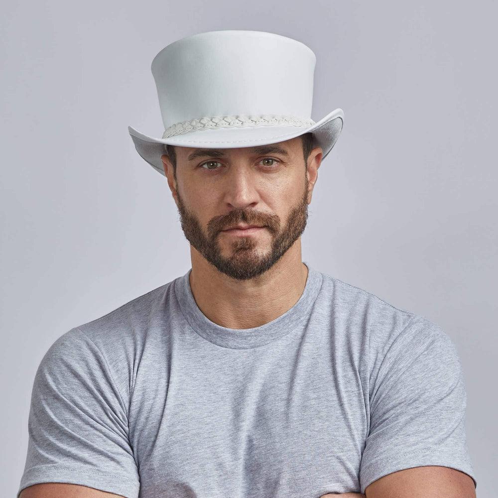 Mens White Leather Top Hat