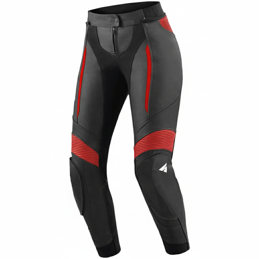 Black and red motorcycle pants on a white background