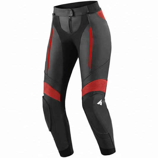 Black and red motorcycle pants on a white background