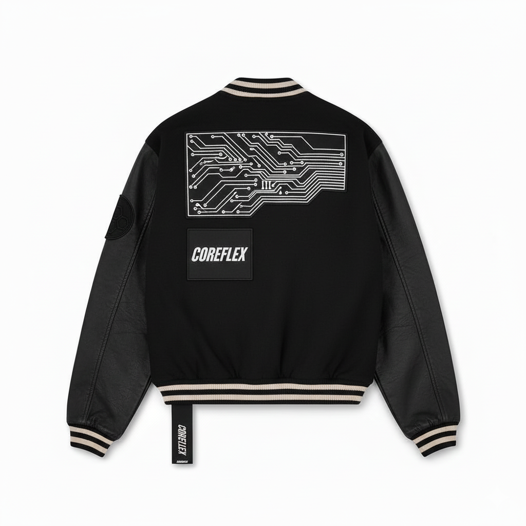 Black jacket with circuit board design and 'COREFLEX' branding on a white background