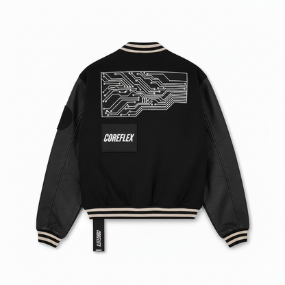 Black jacket with circuit board design and 'COREFLEX' branding on a white background
