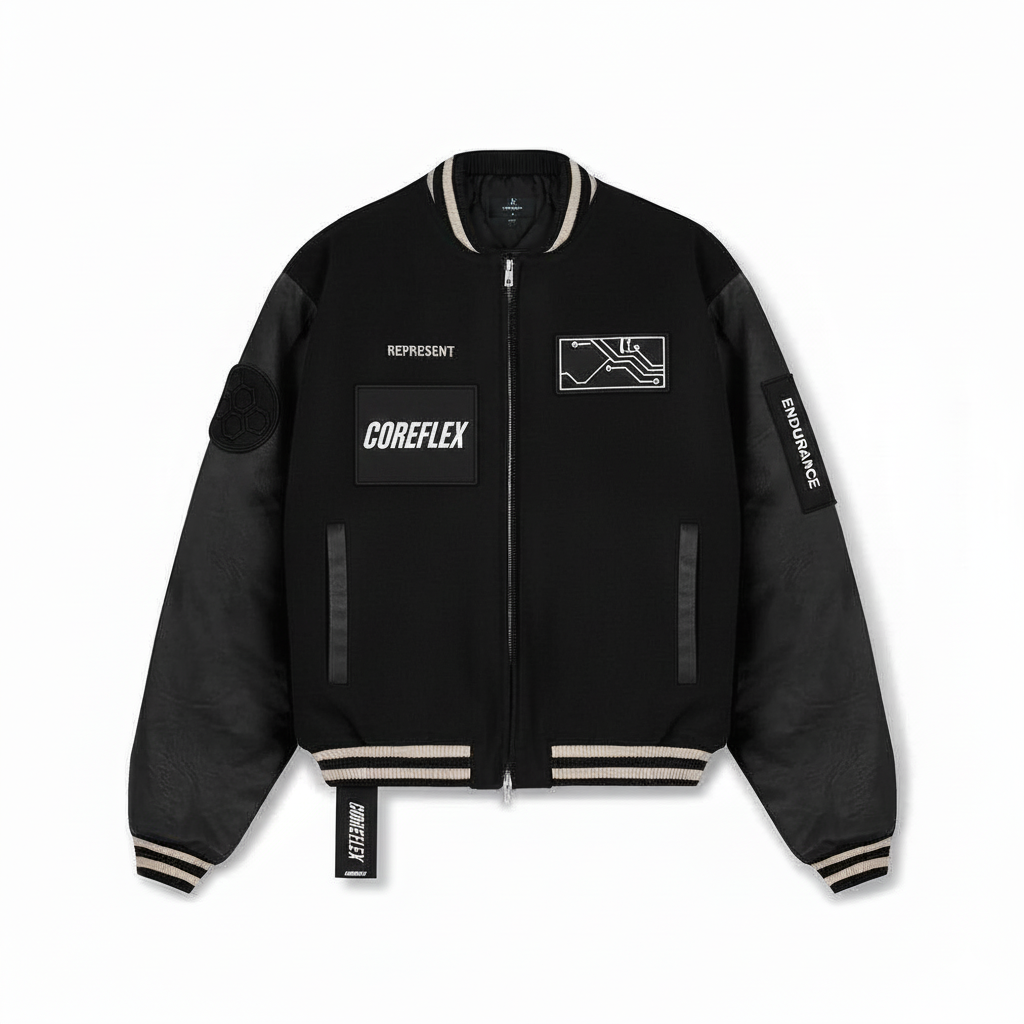 Black jacket with branding on a white background