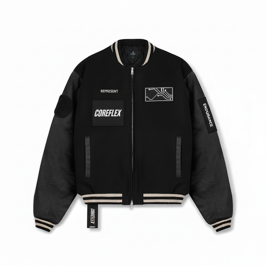Black jacket with branding on a white background