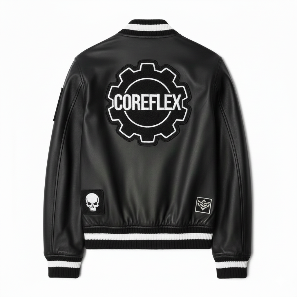 Black jacket with 'COREFLEX' logo on the back against a white background
