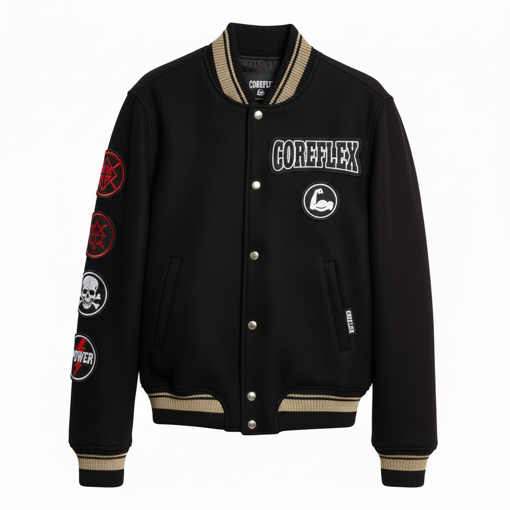 Black varsity jacket with logos and text on a white background