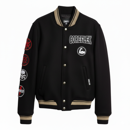 Black varsity jacket with logos and text on a white background