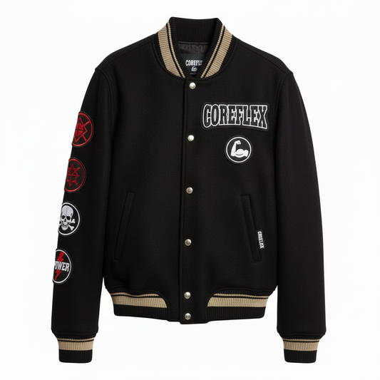 Black varsity jacket with logos and text on a white background