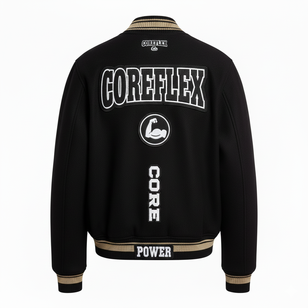 Black jacket with 'COREFLEX' branding on a white background