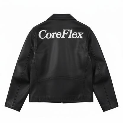 Black leather jacket with 'CoreFlex' branding on the back against a white background