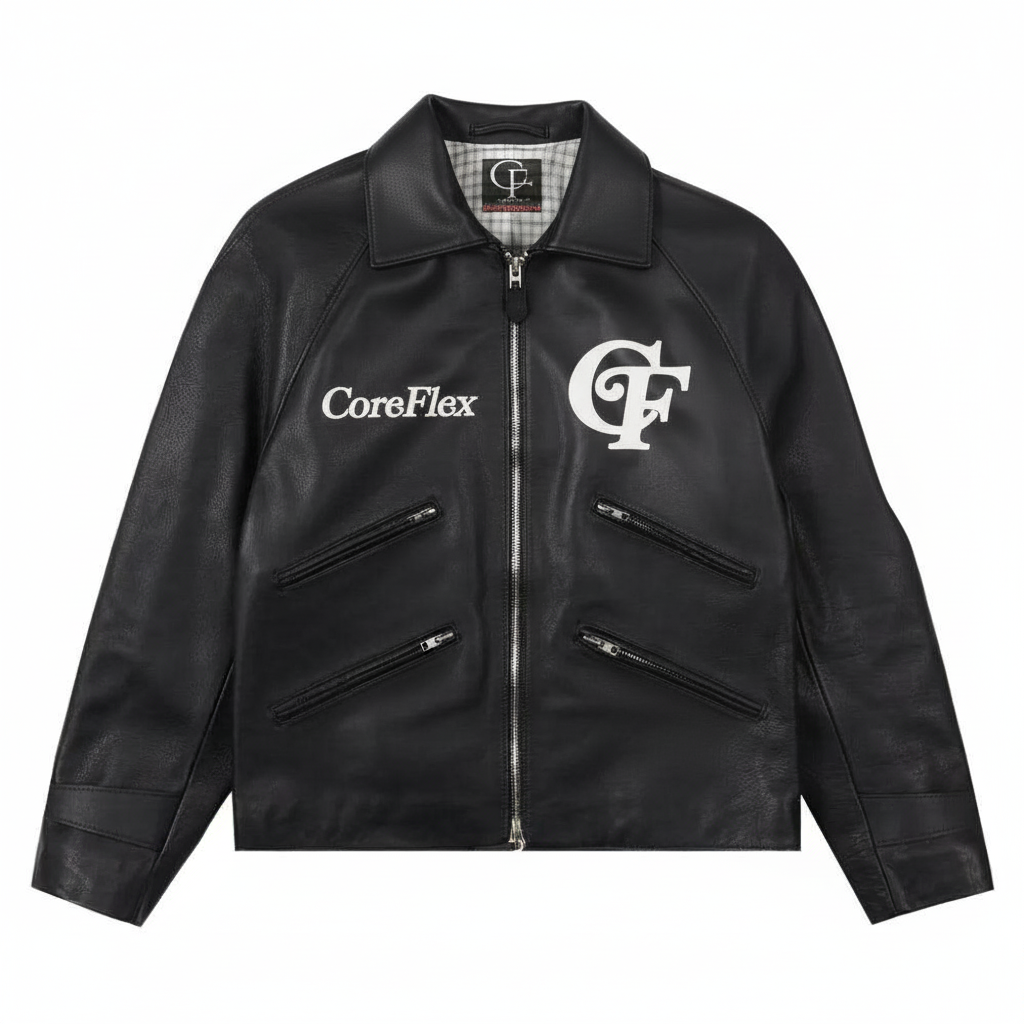 Black leather jacket with CoreFlex logo on a white background