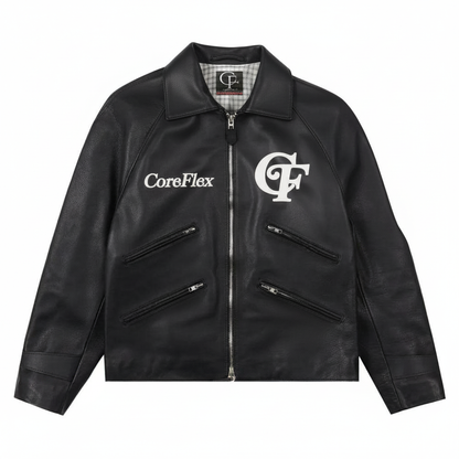 Black leather jacket with CoreFlex logo on a white background