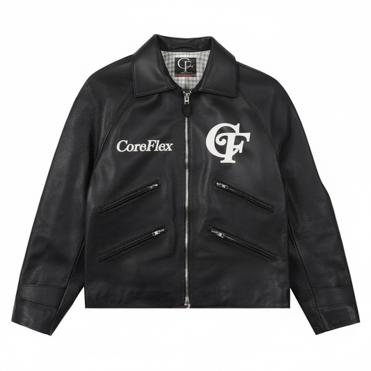 Black leather jacket with CoreFlex logo on a white background