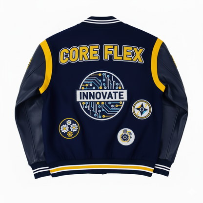 Navy blue jacket with 'CORE FLEX' and 'INNOVATE' text, along with circular logos on a white background.