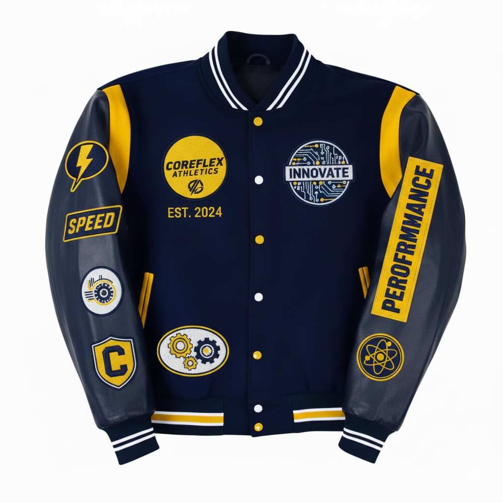 Navy blue varsity jacket with yellow and white graphics and text on a white background