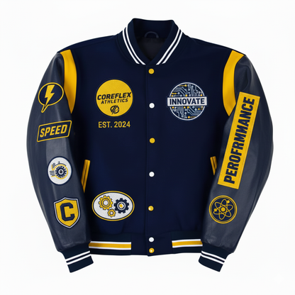 Navy blue varsity jacket with yellow and white graphics and text on a white background