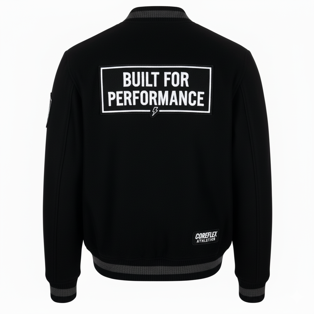 Black jacket with 'Built for Performance' text on the back against a white background