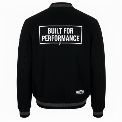 Black jacket with 'Built for Performance' text on the back against a white background