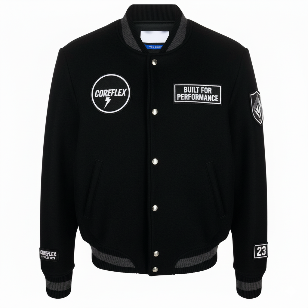 Black varsity jacket with branding and text on a white background