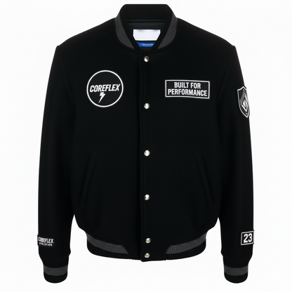 Black varsity jacket with branding and text on a white background