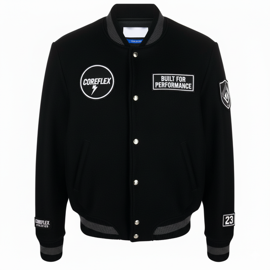 Black varsity jacket with branding and text on a white background