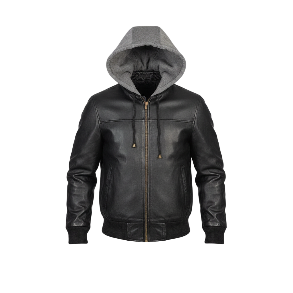 Black leather jacket with gray hood on a white background