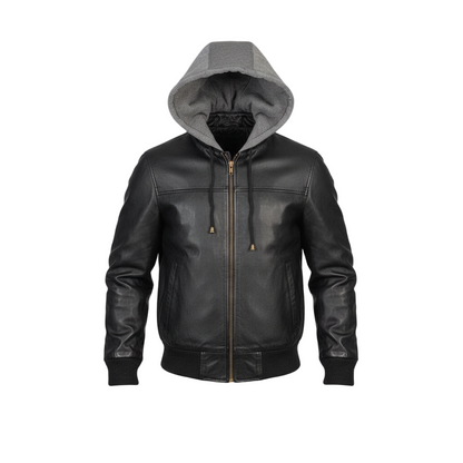 Black leather jacket with gray hood on a white background
