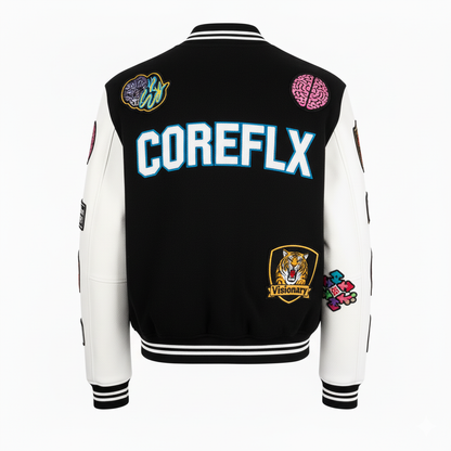 Black and white jacket with 'COREFLX' branding and various patches on a white background