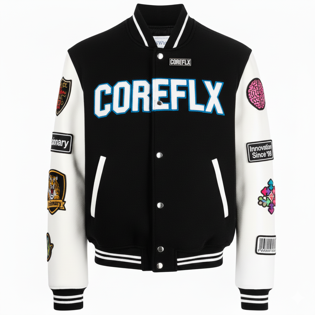Black and white varsity jacket with COREFLX branding on a white background