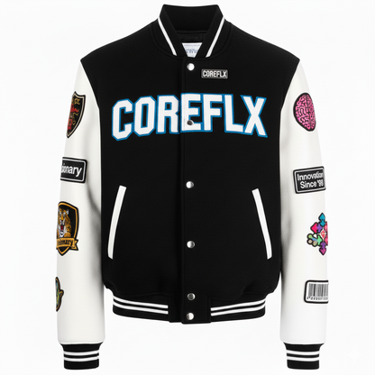 Black and white varsity jacket with COREFLX branding on a white background