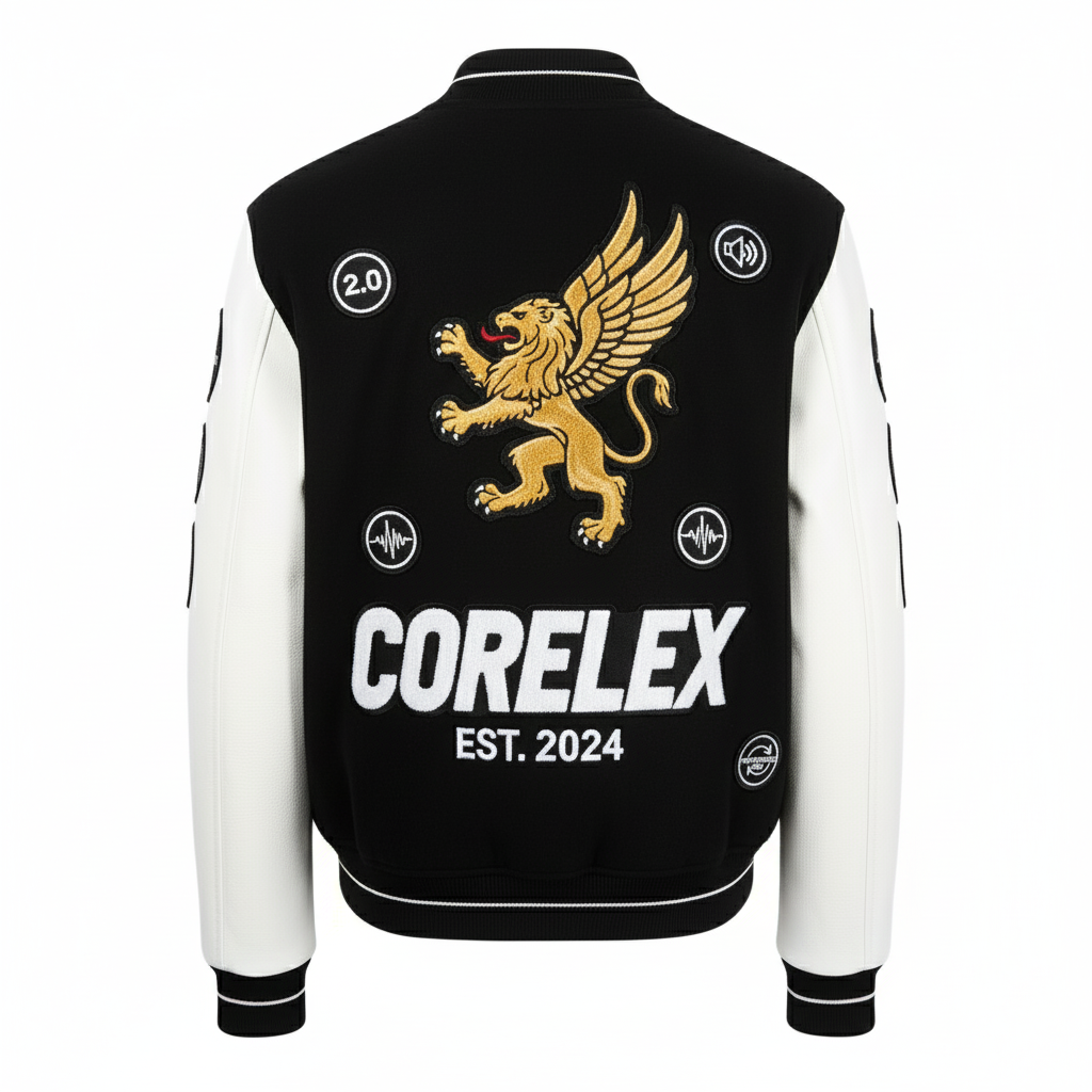 Black and white jacket with gold lion emblem and 'CORELEX EST. 2025' text on a white background