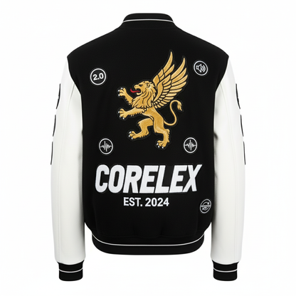 Black and white jacket with gold lion emblem and 'CORELEX EST. 2025' text on a white background