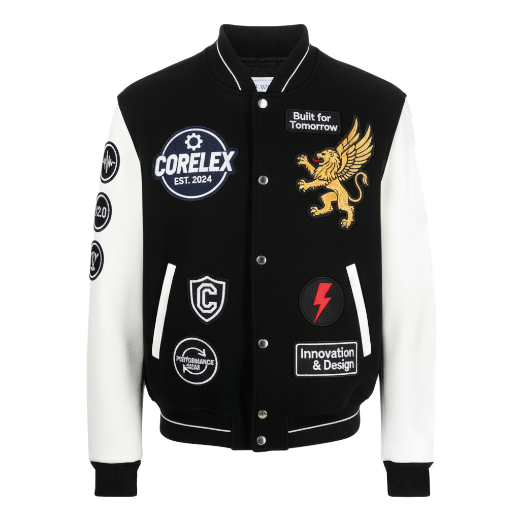Black and white varsity jacket with various logos and text on a white background