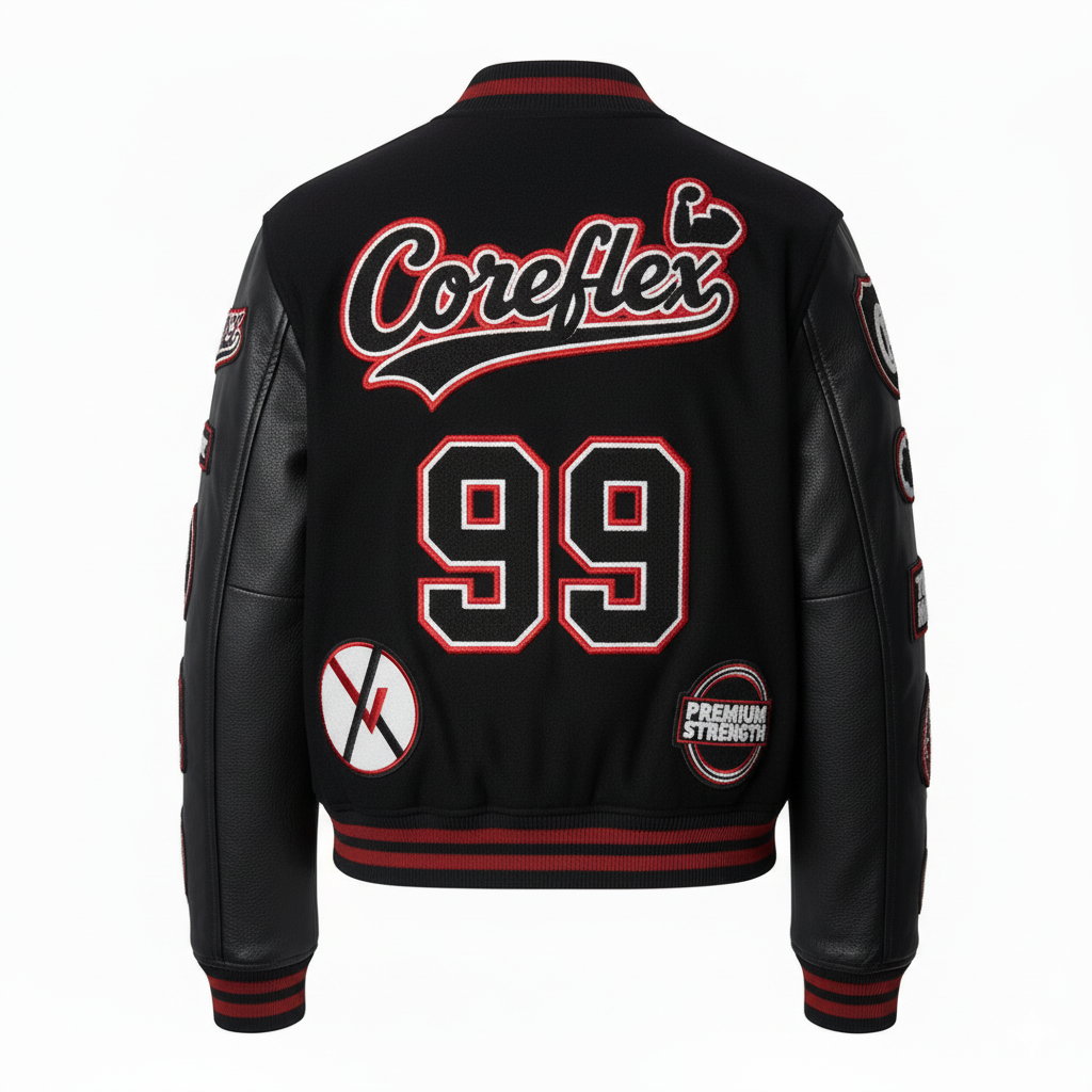 Black leather jacket with red and white text and numbering on a white background