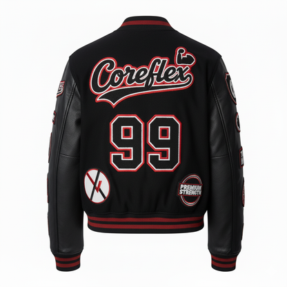 Black leather jacket with red and white text and numbering on a white background