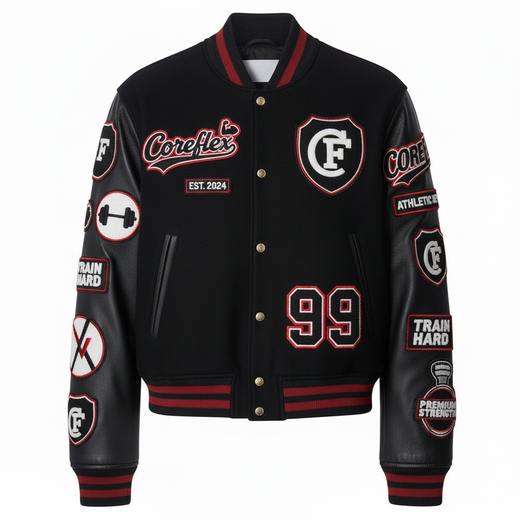 Black varsity jacket with red and white logos and text on a white background