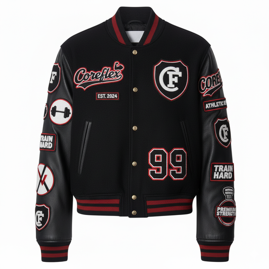 Black varsity jacket with red and white logos and text on a white background
