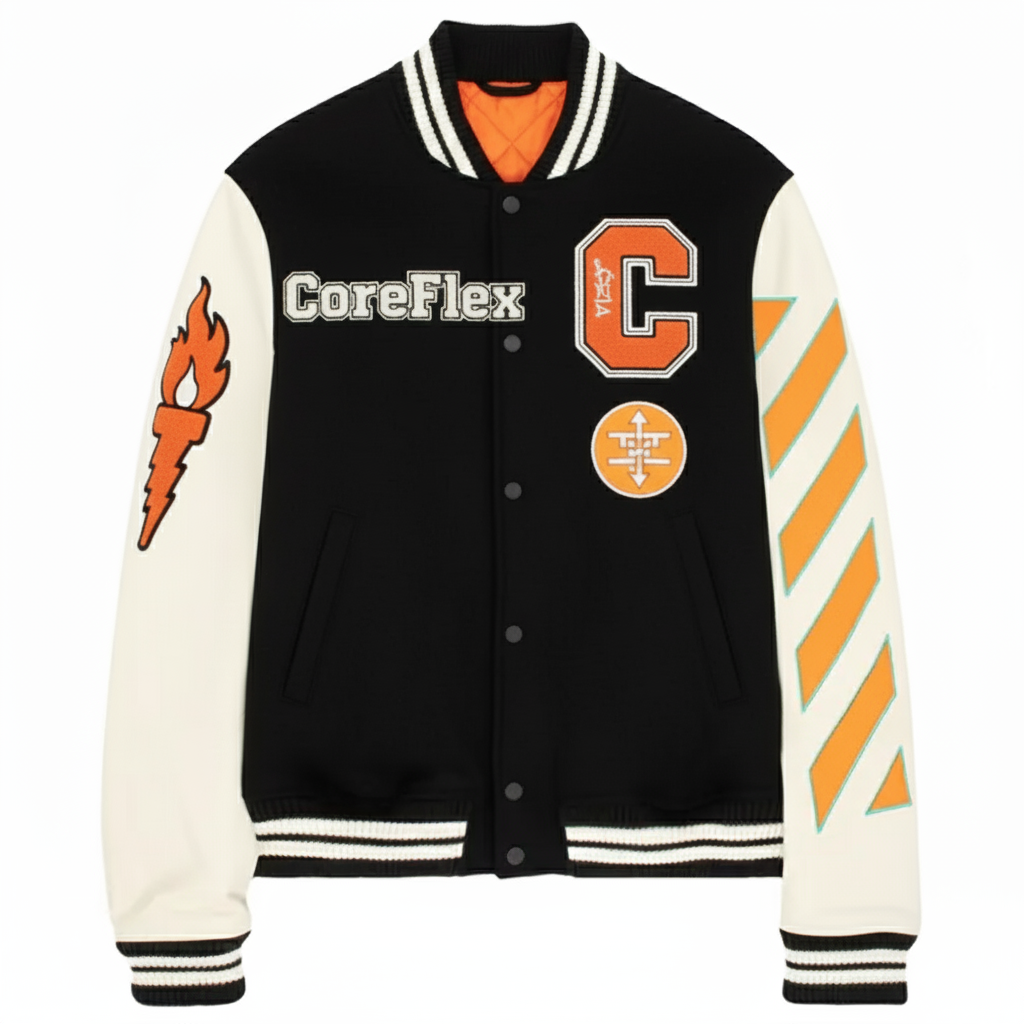 Black and white varsity jacket with orange accents and branding on a white background