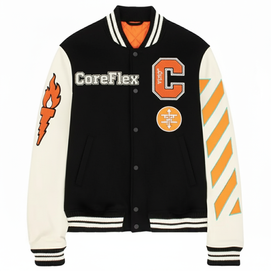 Black and white varsity jacket with orange accents and branding on a white background