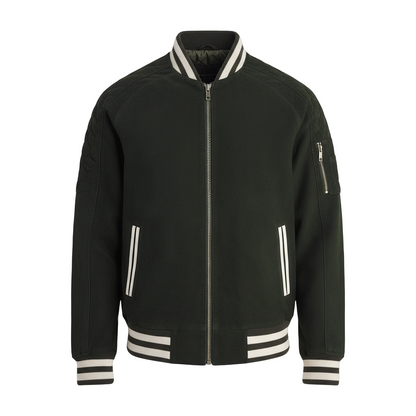 Black bomber jacket with white accents on a light gray background