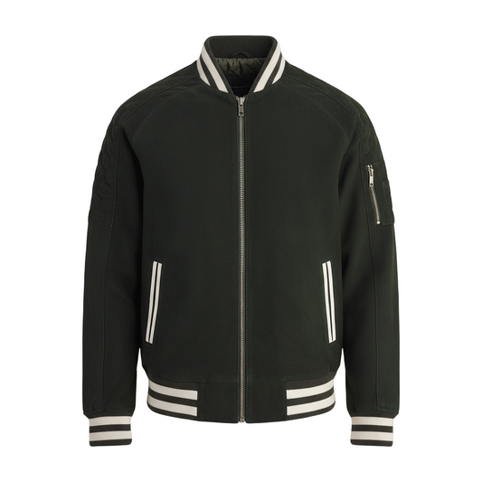 Black bomber jacket with white accents on a light gray background