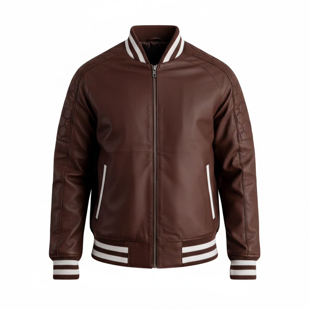 Brown leather jacket with white accents on a white background