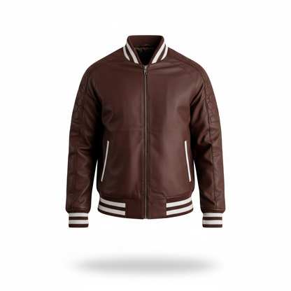 Brown leather jacket with white accents on a white background
