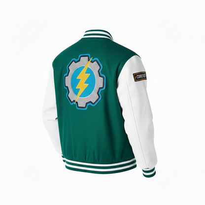 Green and white jacket with a logo on the back against a white background