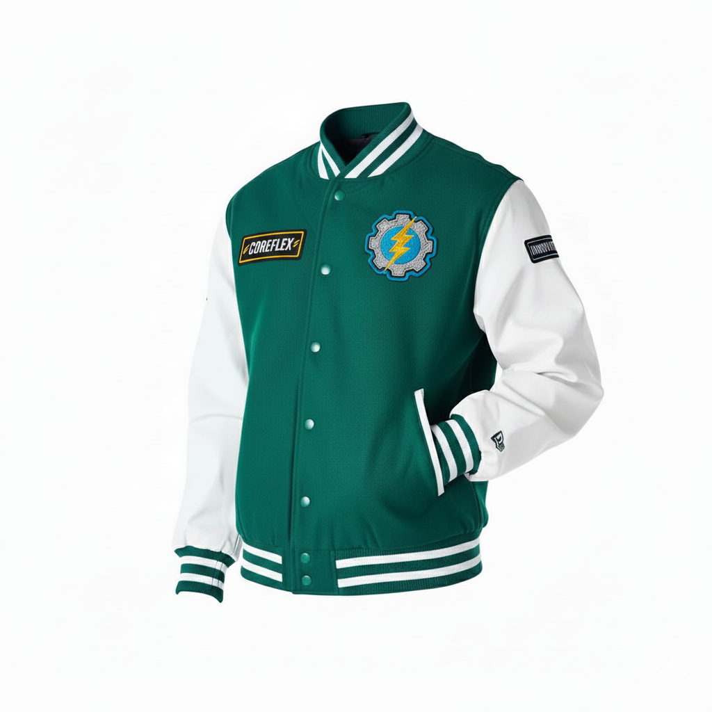 Green and white varsity jacket with logos on a white background