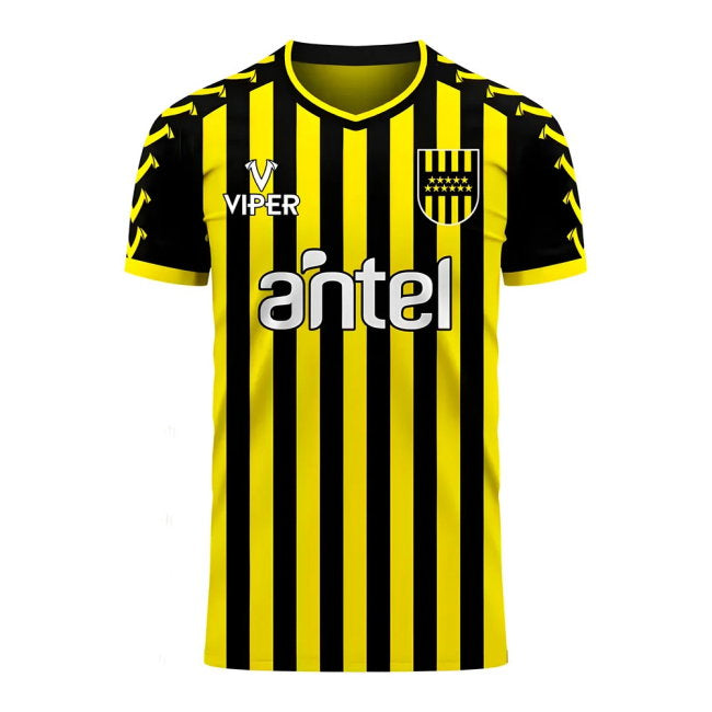 A short-sleeve soccer jersey with bold yellow and black vertical stripes, featuring the Antel sponsor logo across the chest, the Viper brand logo on the right chest, and a team crest on the left chest, shown against a plain white background.