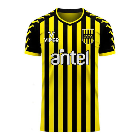 A short-sleeve soccer jersey with bold yellow and black vertical stripes, featuring the Antel sponsor logo across the chest, the Viper brand logo on the right chest, and a team crest on the left chest, shown against a plain white background.