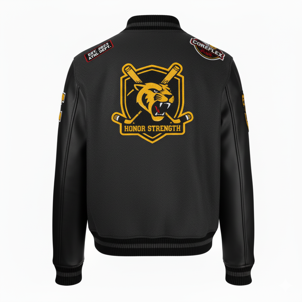 Black jacket with a yellow emblem and text on the back, on a white background