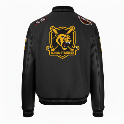 Black jacket with a yellow emblem and text on the back, on a white background