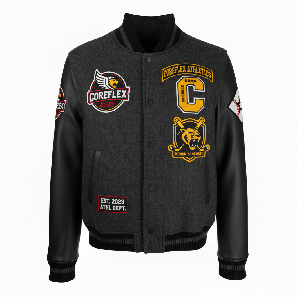 Black varsity jacket with embroidered logos on a white background