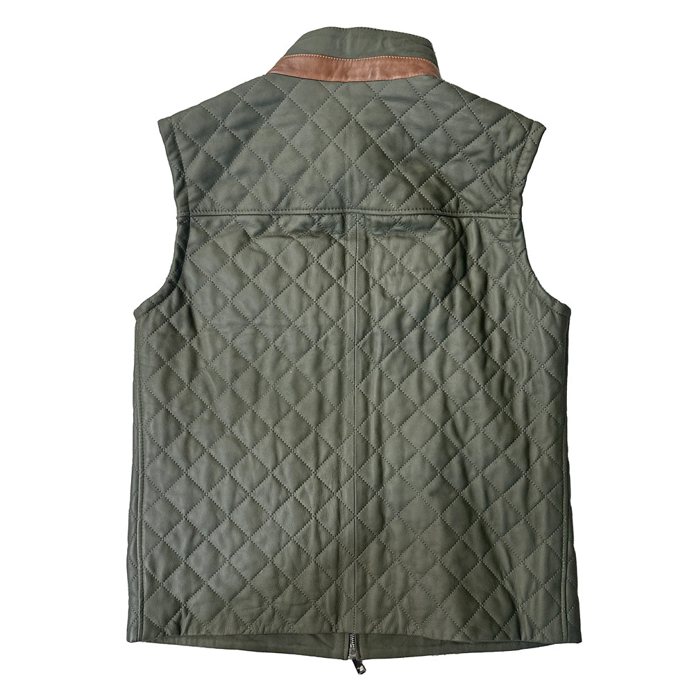 Olive quilted leather vest for men made from premium lambskin leather